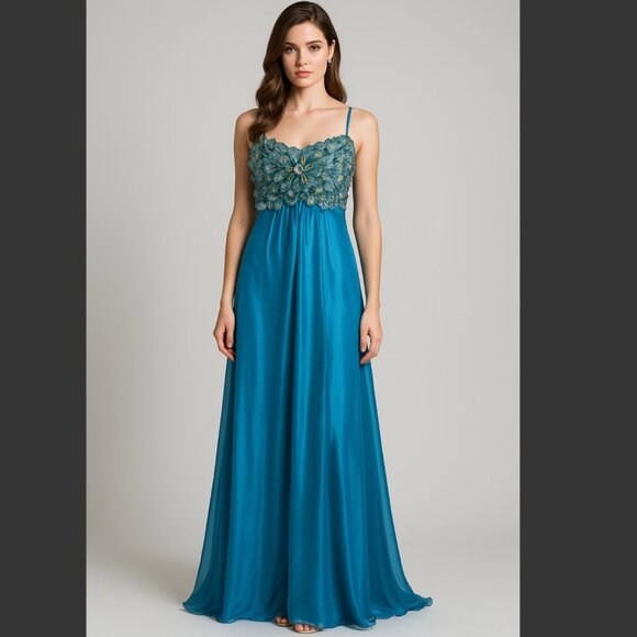 Dave & Johnny Cerulean Blue Bead Gem Dress Peacock 5/6 Chiffon Prom Maxi A-Line - Picture 1 of 13